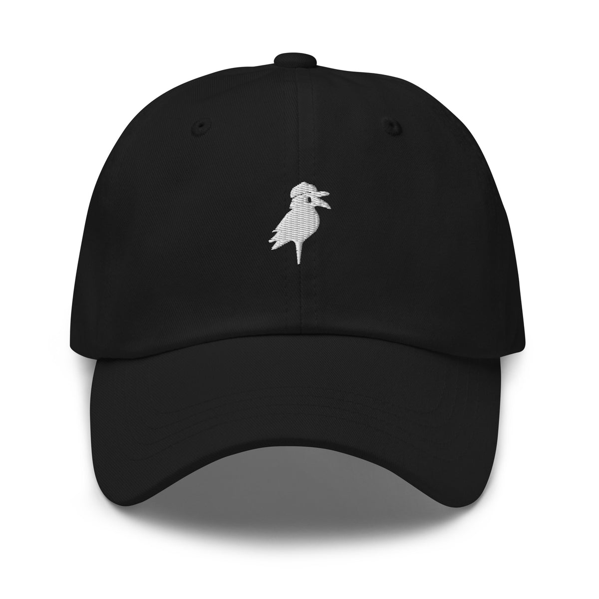 Crow Cap in Black — front view with white embroidered crow