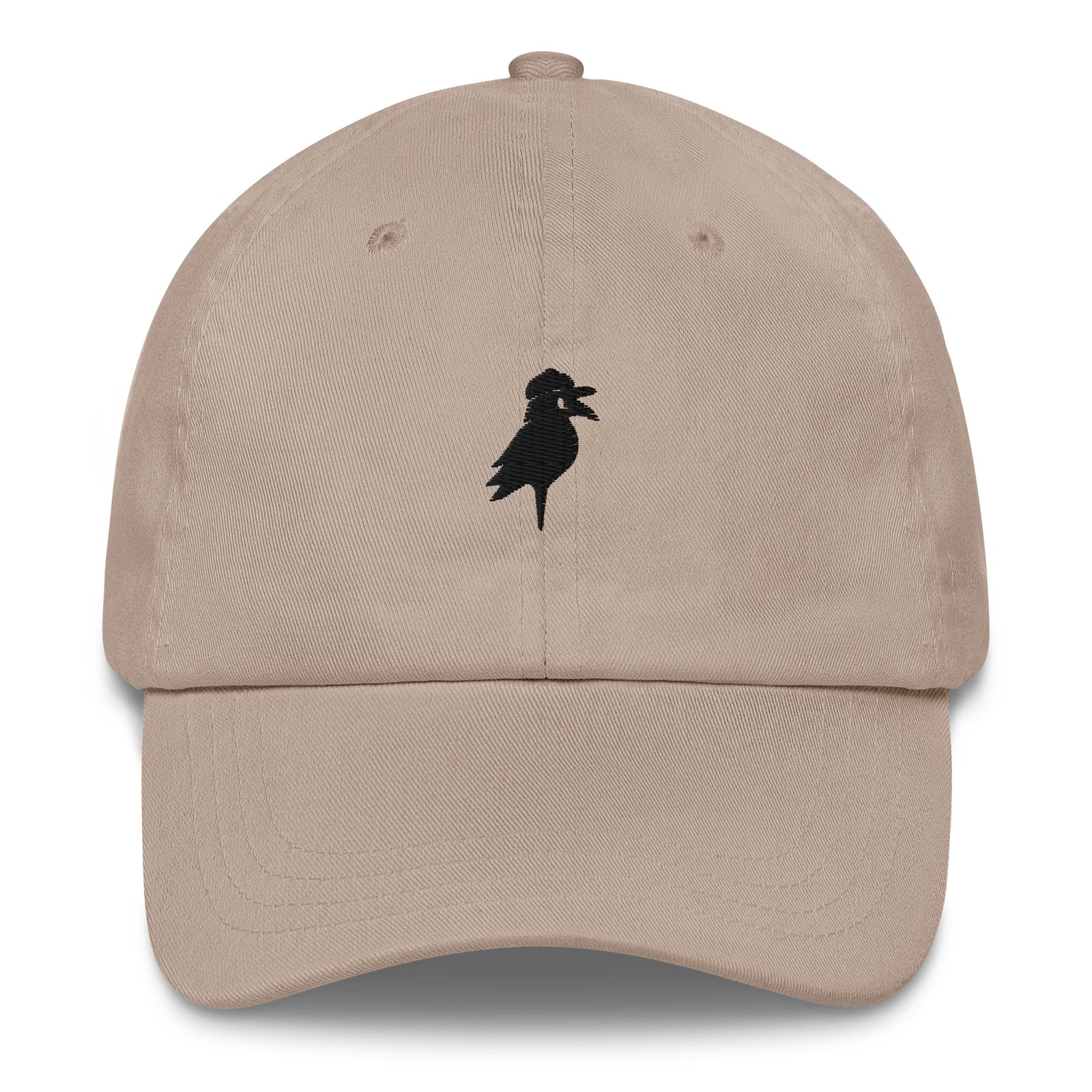 Crow Cap in Stone — front view with black embroidered crow